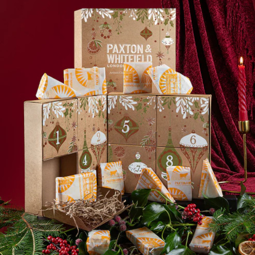 Cheese advent calendar on red background