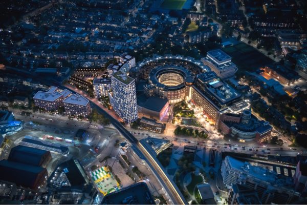 Aerial view of the BBC Television Centre at night