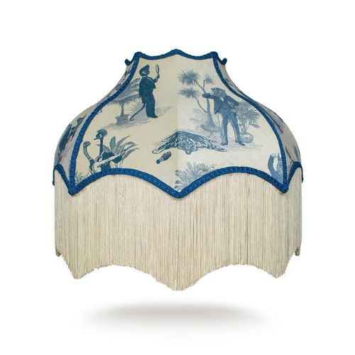 Blue and white fringed lampshade