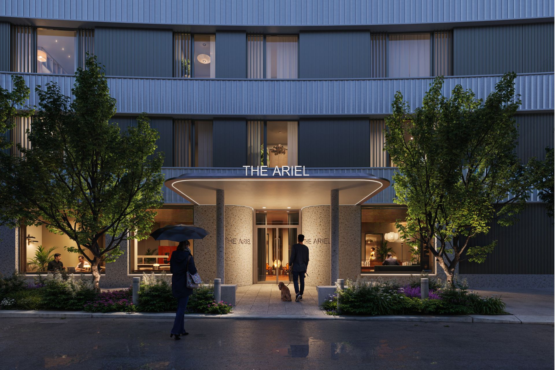 Apartment complex entrnace at dusk