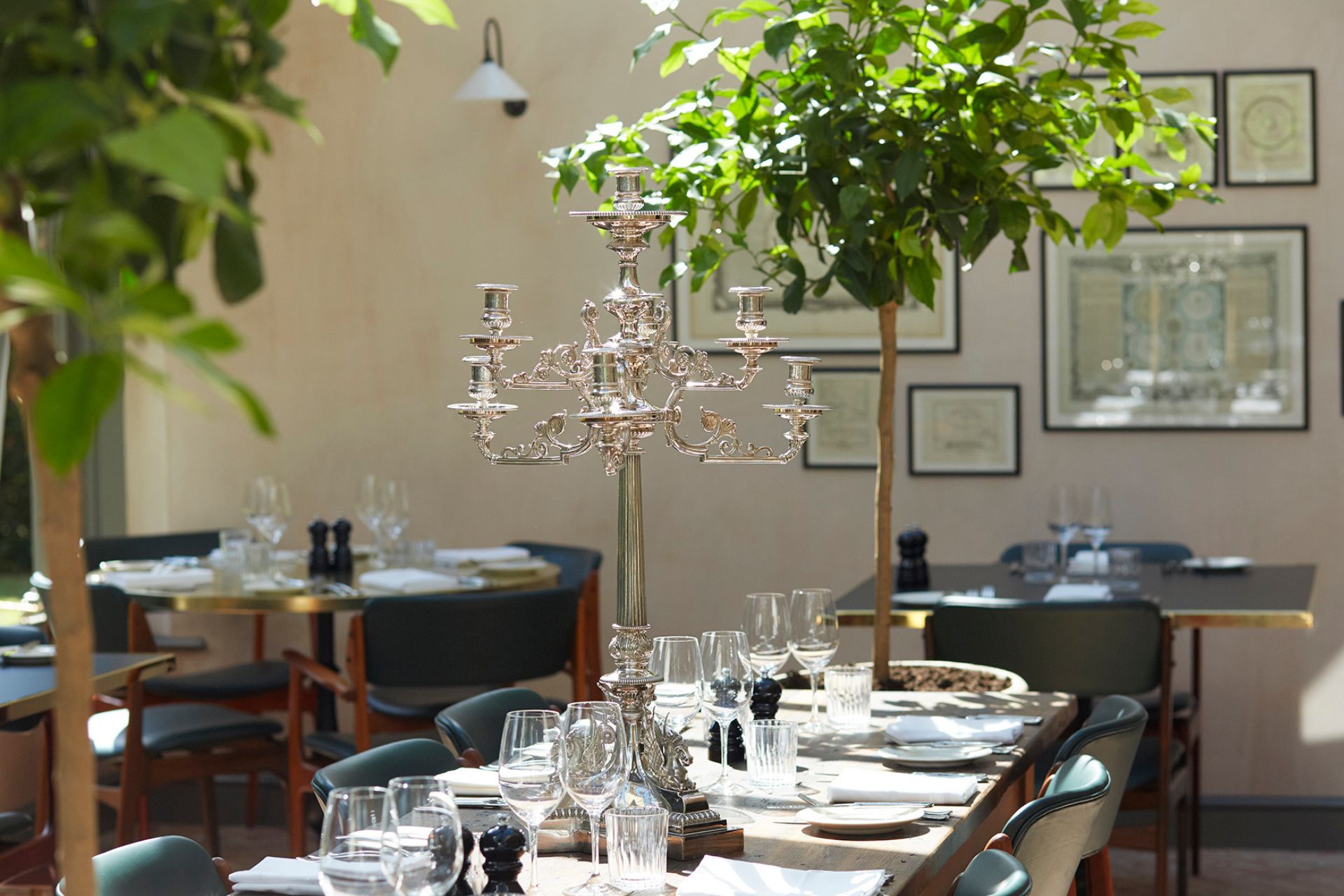 Glasshouse dining room with sage green walls