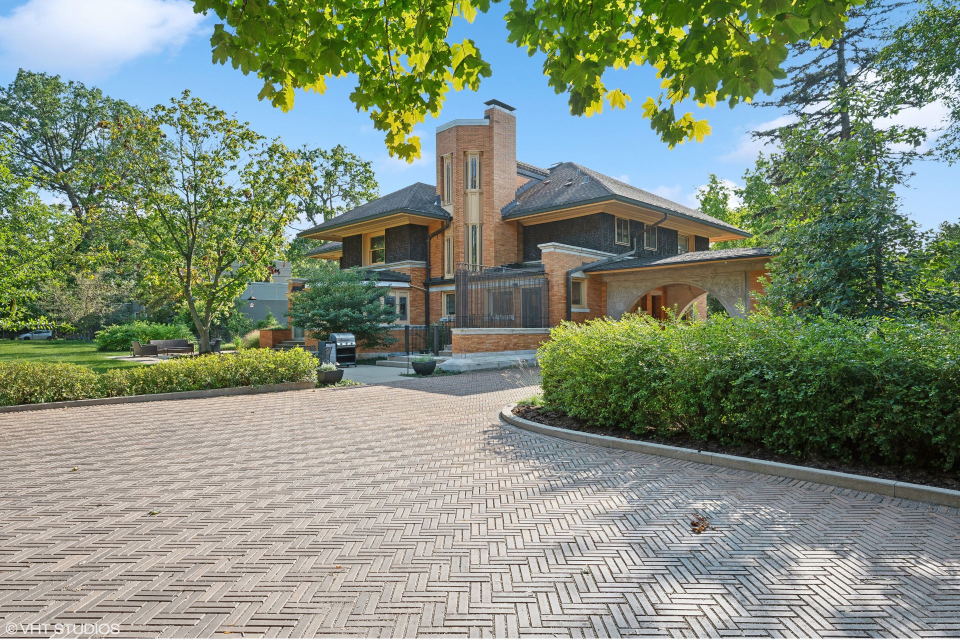 Exterior of Frank Lloyd Wright home, with interlocking geometric shapes and large windows
