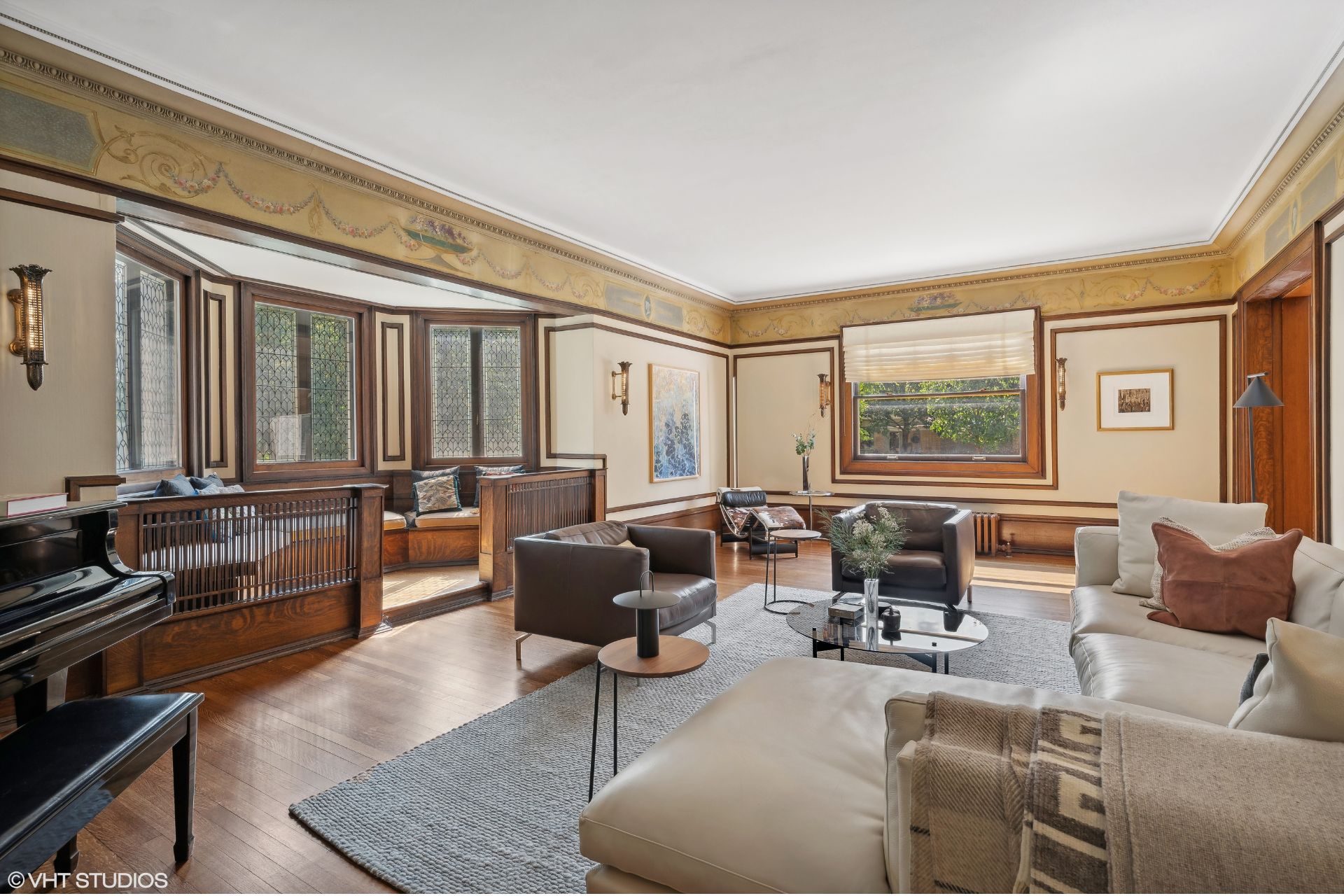 Living room with art glass windows