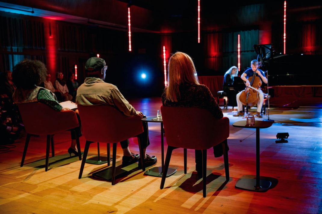 BBC Young Musician of the Year 2024, Semi Final: Hugo Svedberg playing the cello to judges Hannah Catherine Jones, Alexis Ffrench, Alison Balsom