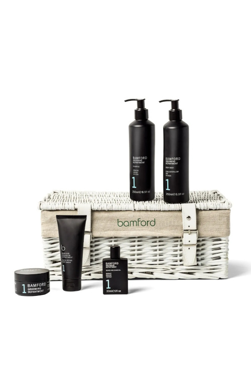 Basket with men's grooming products