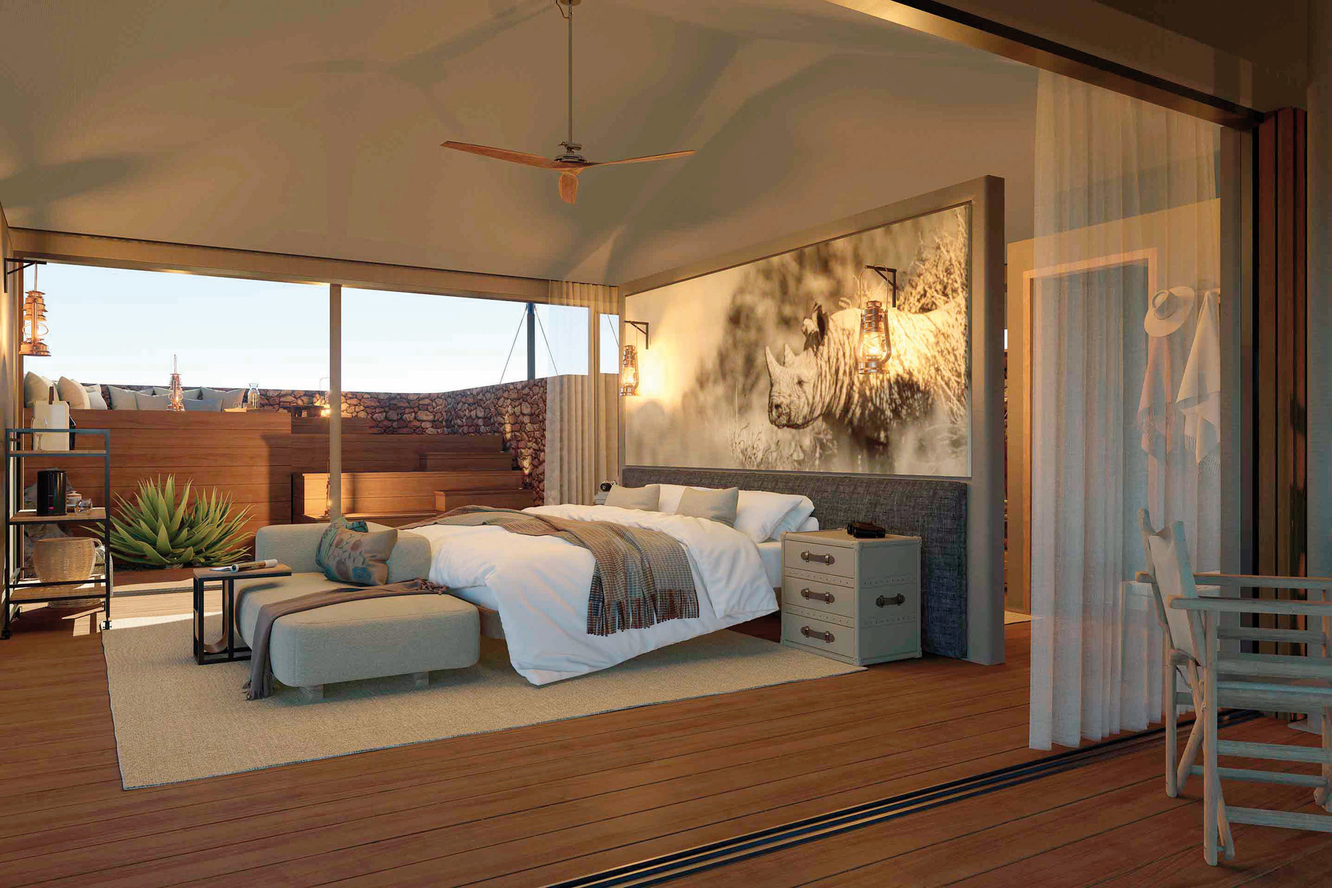 A bedroom at a Wilderness safari camp