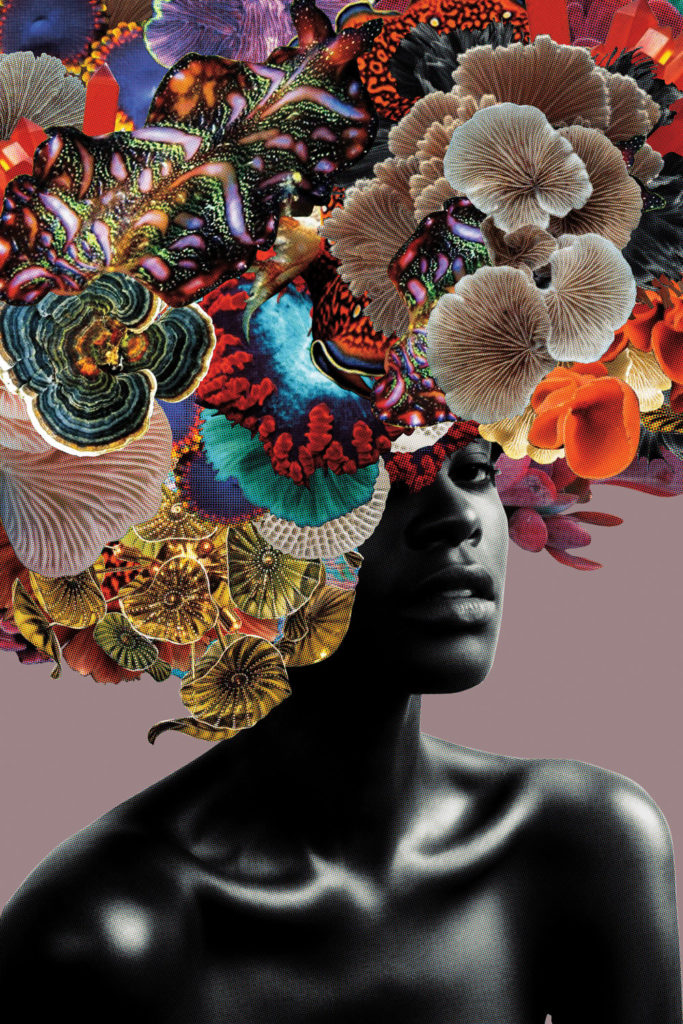 A print of a Black woman with flowers for hair