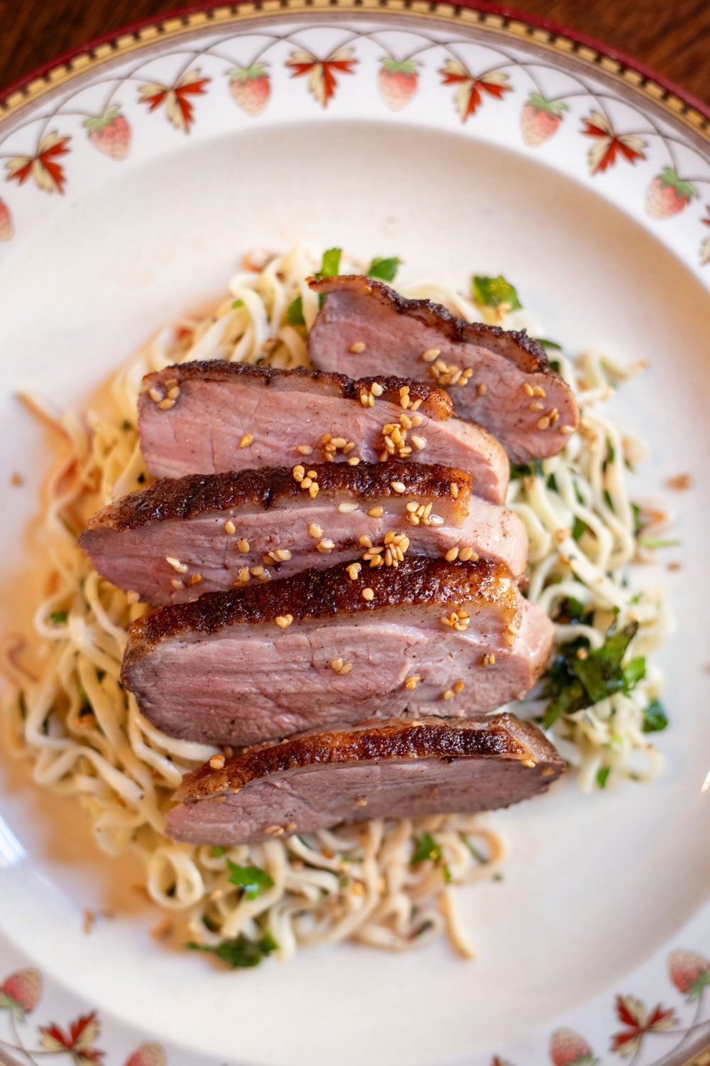 Duck breast with coriander noodles