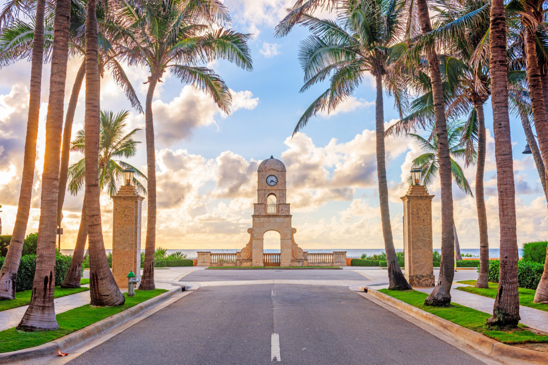 Palm Beach, Florida, USA clock tower on Worth Ave at dawn.