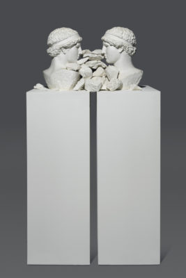 Two Roman busts part of Mythology Reinterpreted at Mazzoleni London until 6 December