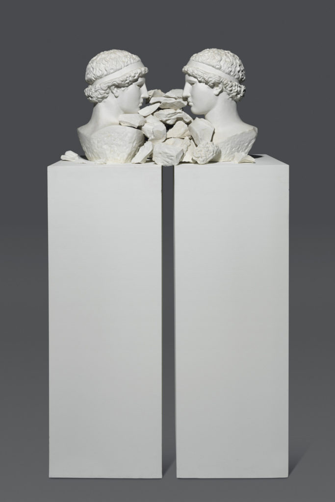 Two Roman busts part of Mythology Reinterpreted at Mazzoleni London until 6 December