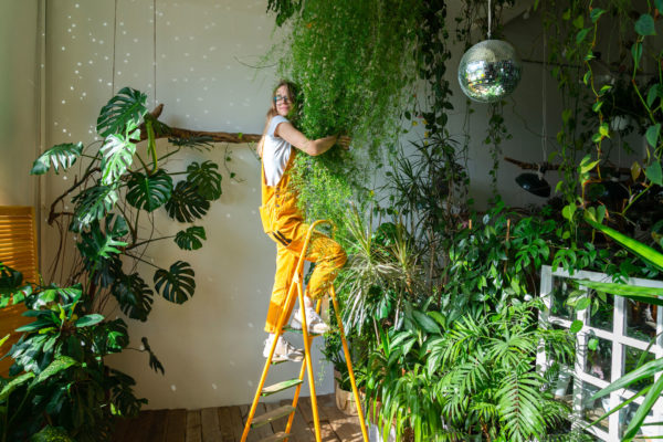 Woman surrounded by houseplants