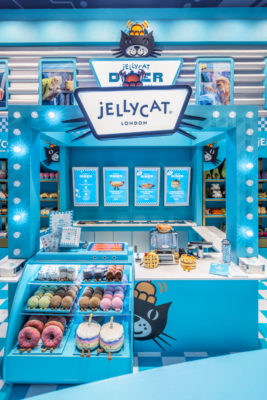 Jellycat Diner - blue set meant to look like classic American diner, with Jellycat toys on display