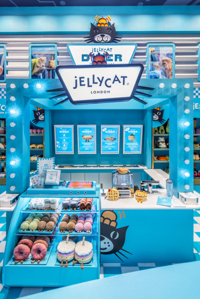Jellycat Diner - blue set meant to look like classic American diner, with Jellycat toys on display