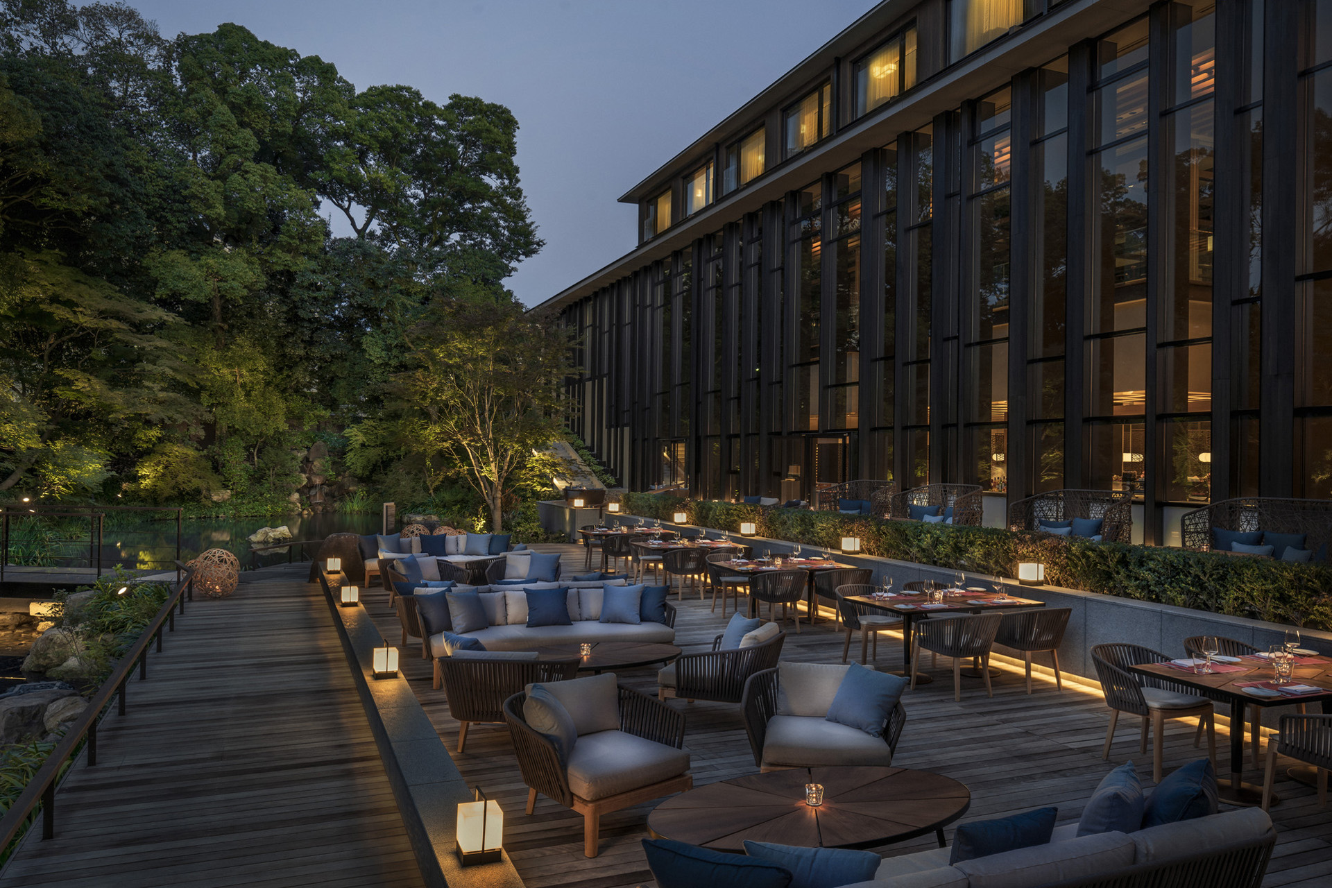 An outdoor restaurant at dusk