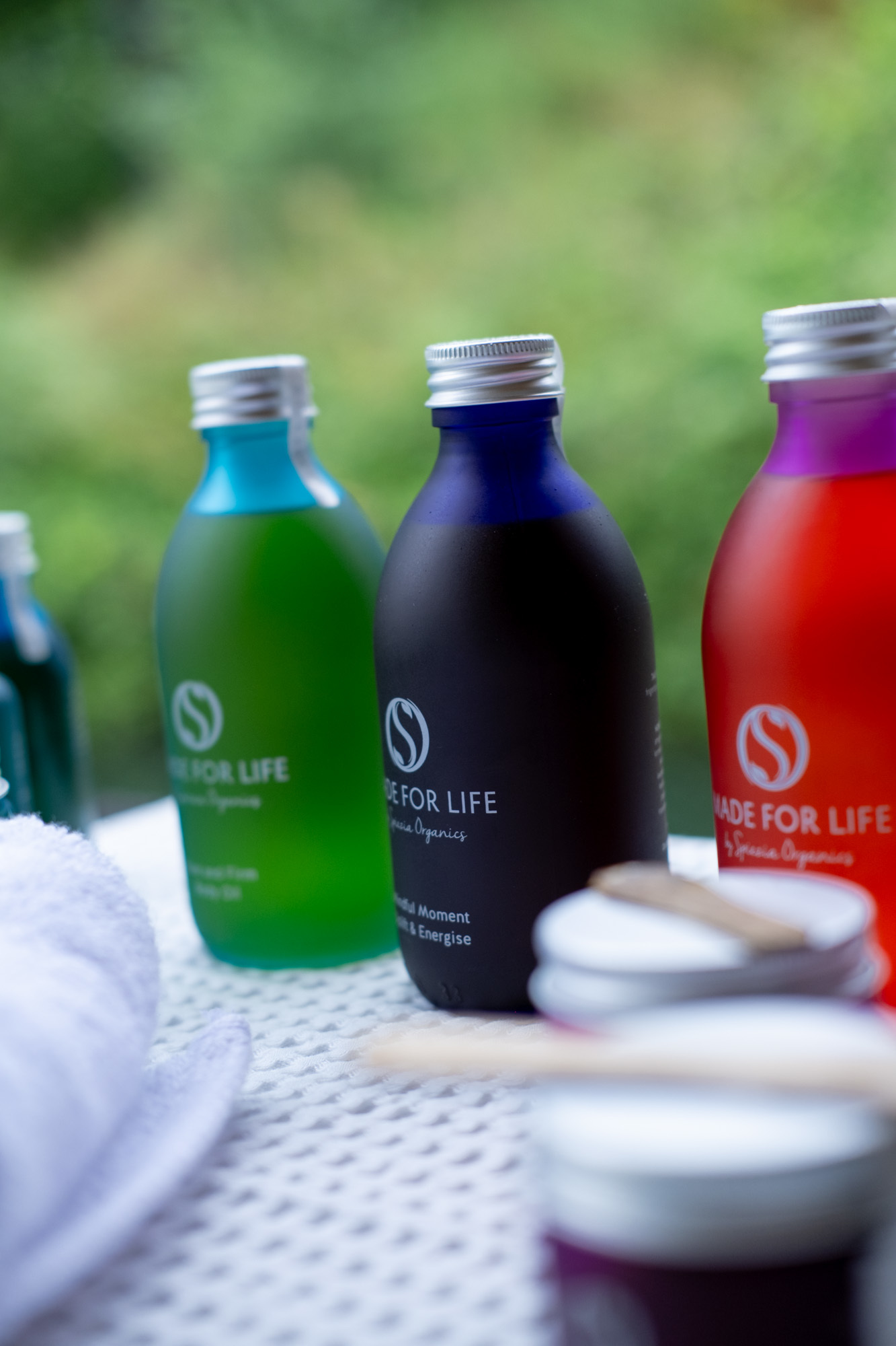 Bottles lined up on table