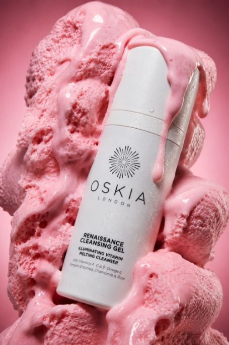 OSKIA London bottle surrounded by pink foam