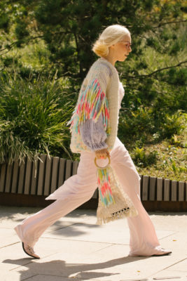 Woman with butterfly blonde bob
