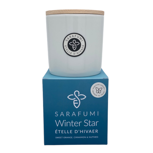 White candle on blue box
