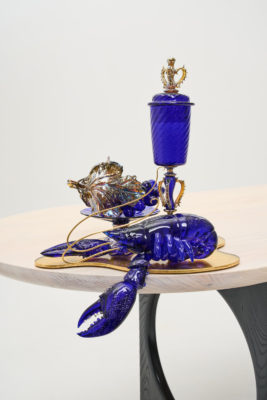 A blue glass lobster at PAD London 2024