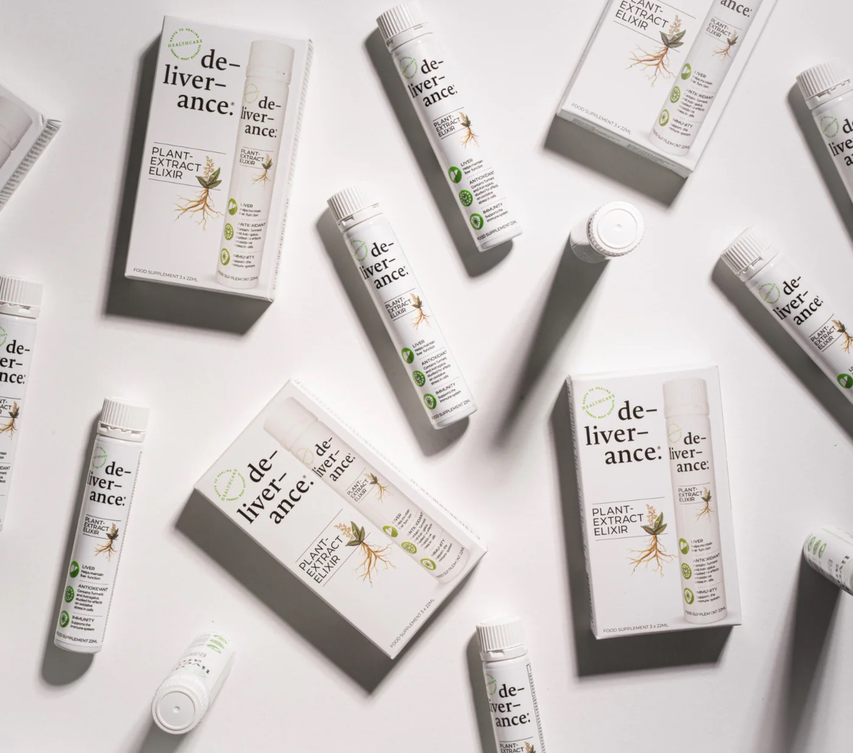 Products laid out on plain background