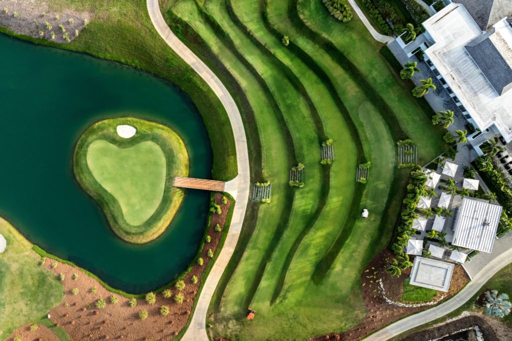Aerial view of waterside golf course