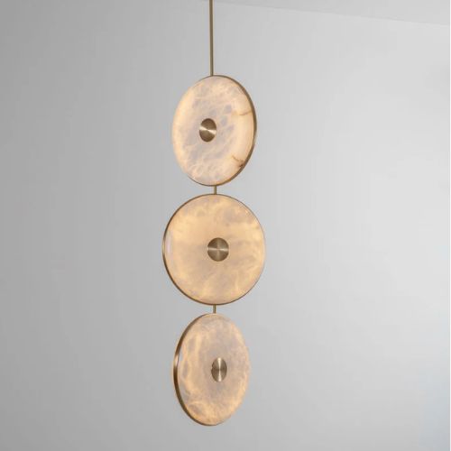 Gold marble drop chandelier with three circular pendants