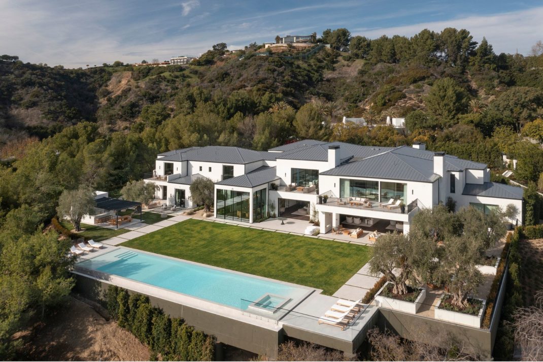 Exterior of Beverly Hills mansion with pool