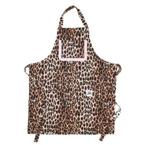 Leopard print apron with pink frill pocket