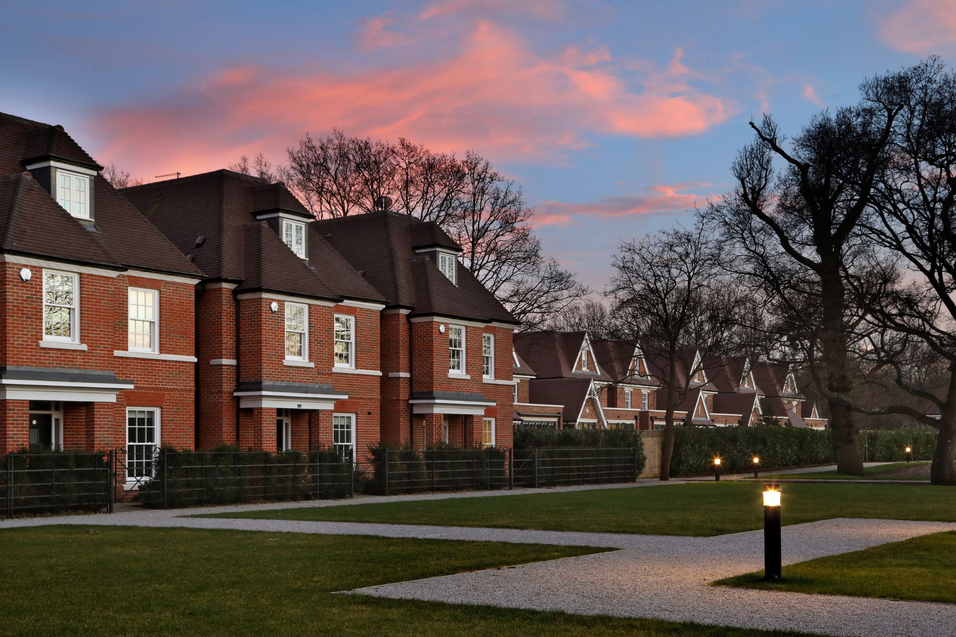 Brick homes at dusk in Broadoaks Park
