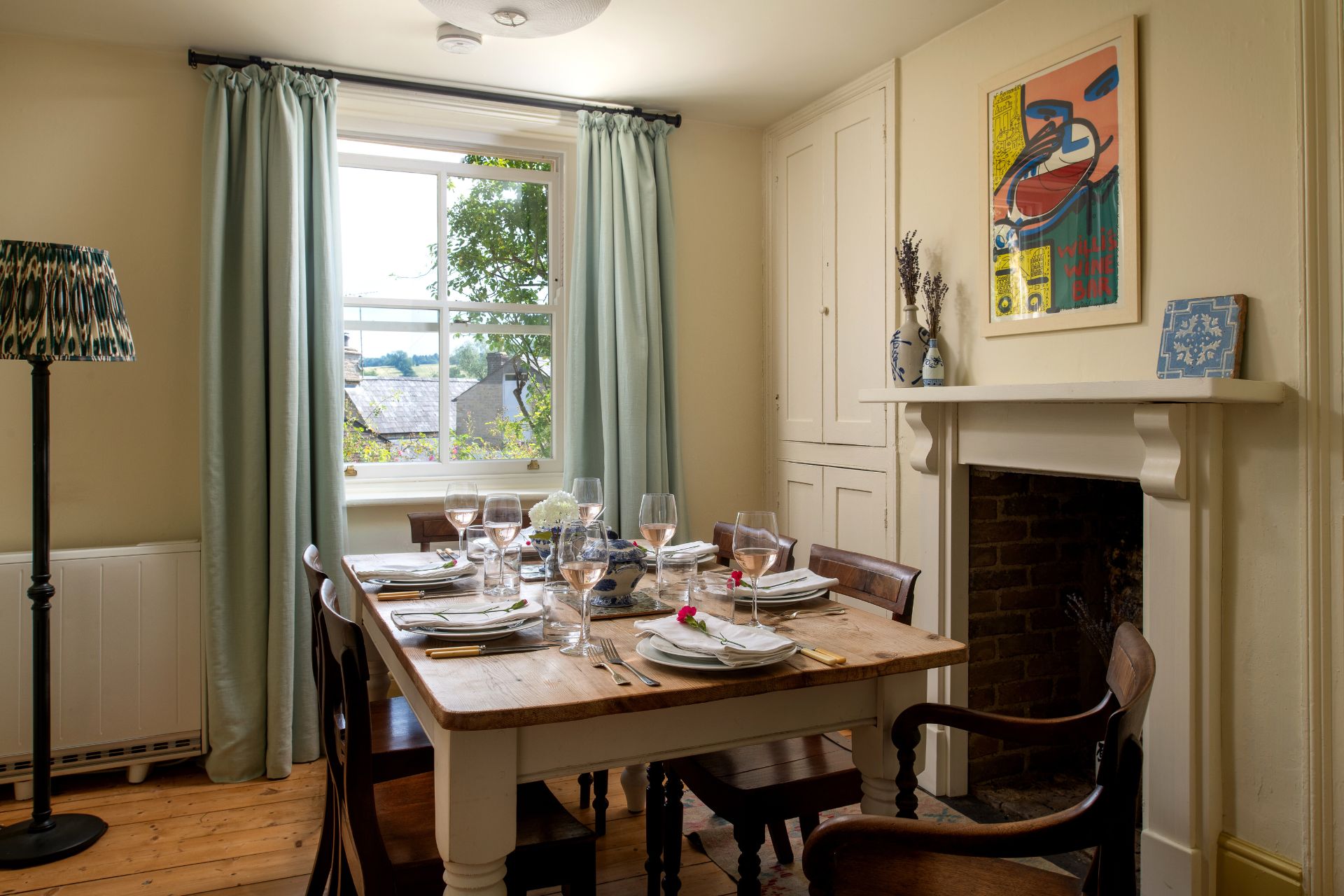 Cottage dining room with fireplace