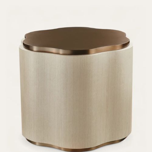Light wooden side table in wavy design with gold surface