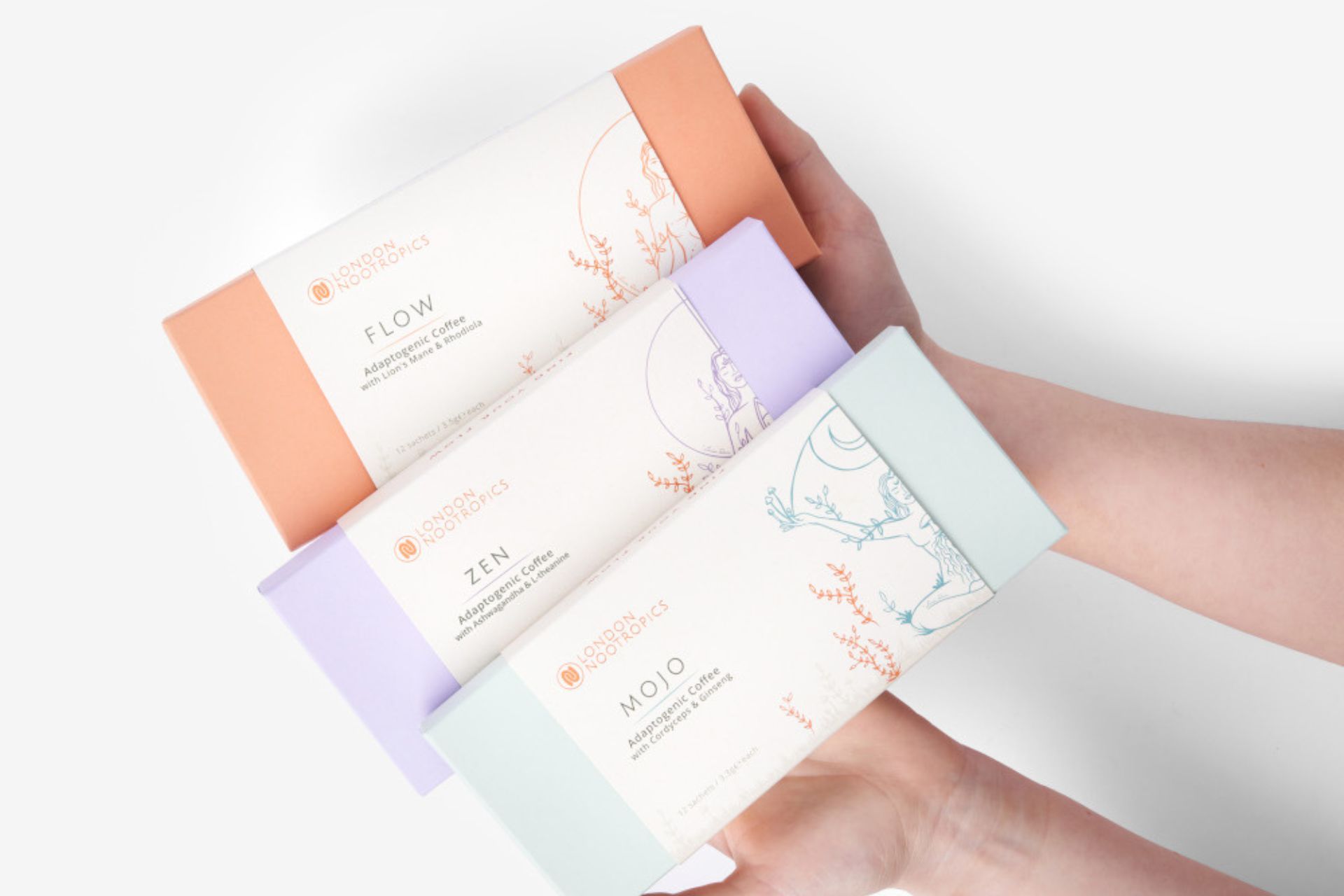 Pale blue, lilac and orange Nootropics boxes