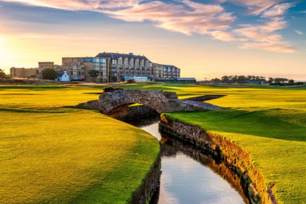 Exterior of Old Course Hotel, St Andrews, at sunset