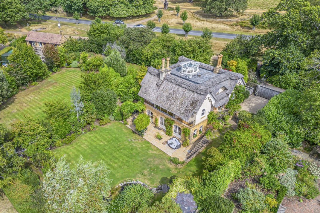 Aerial view of thatched cottage in Richmond Park