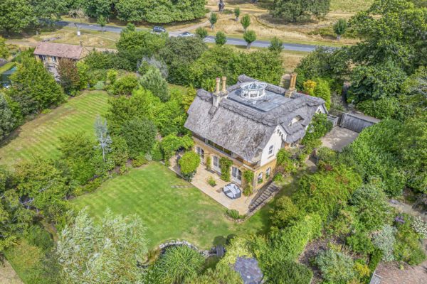 Aerial view of thatched cottage in Richmond Park