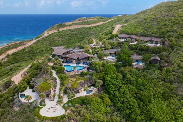 Aerial view of a BVI villa built imto a hillside