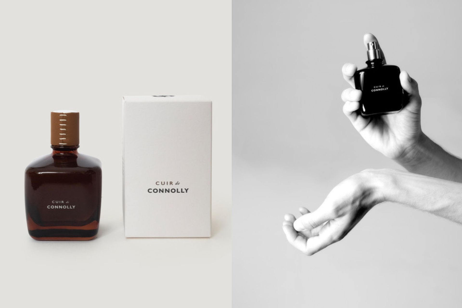Fragrance bottle and box by Connolly and two wrists