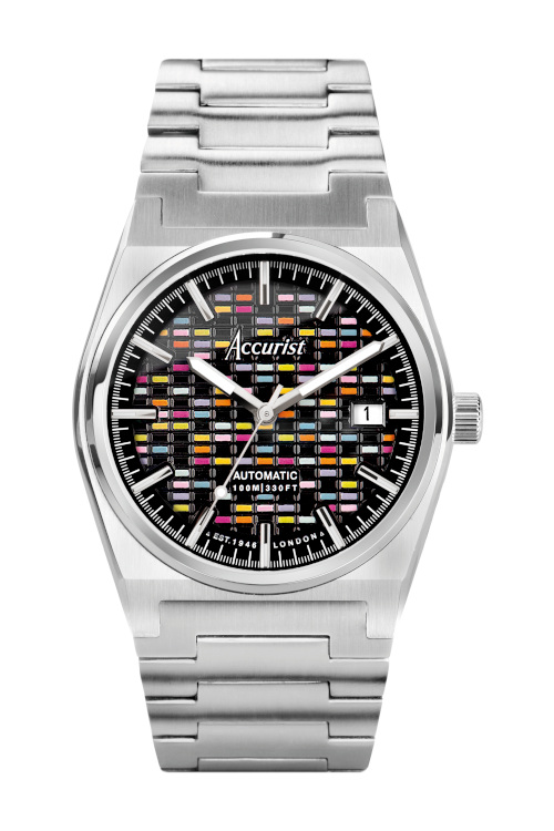 Silver timepiece with multi-coloured face