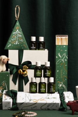 Christmas display with crackers and beauty products