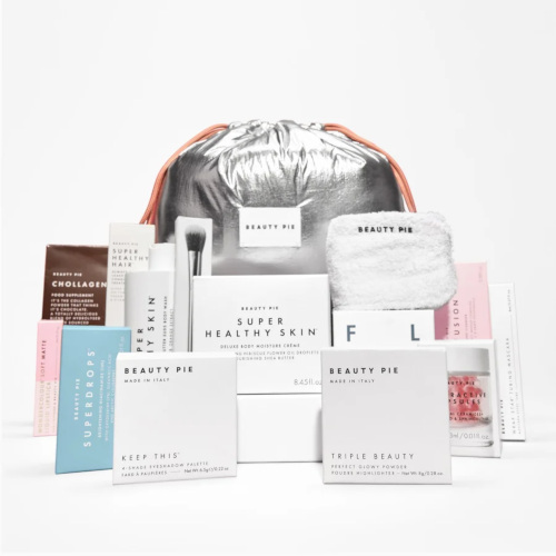 Skincare products with silver bag