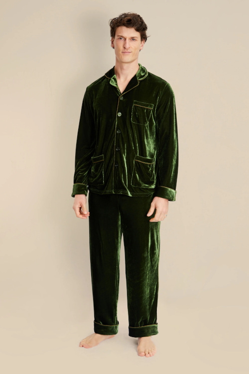 Man in green velvet Christmas pyjamas
