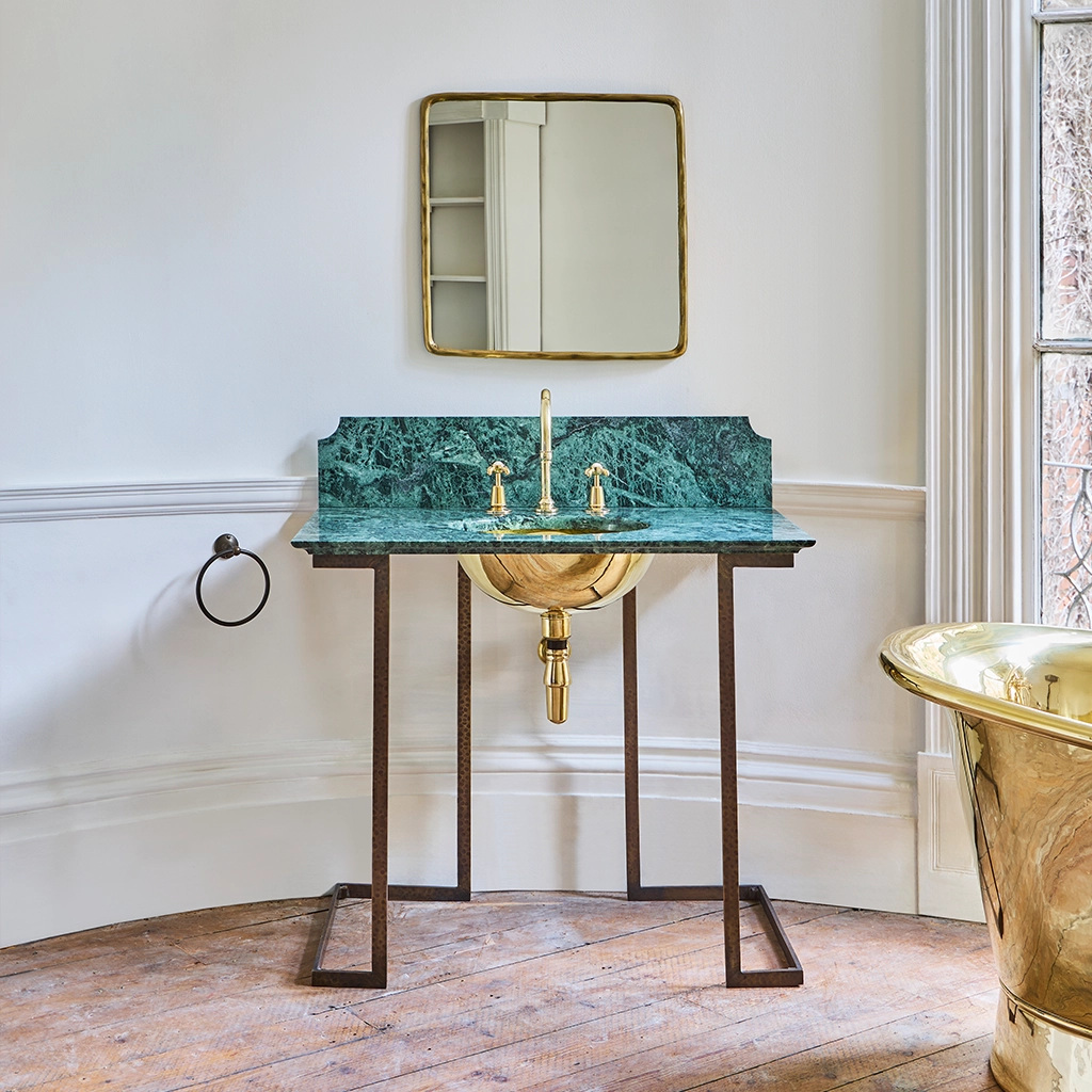 Neutral bathroom with blue sink