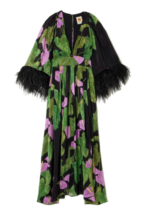 Long dress with feather trim