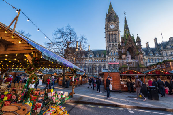 Christmas Markets in Albert Square near the Town Hall of Manchester in the northwest of England