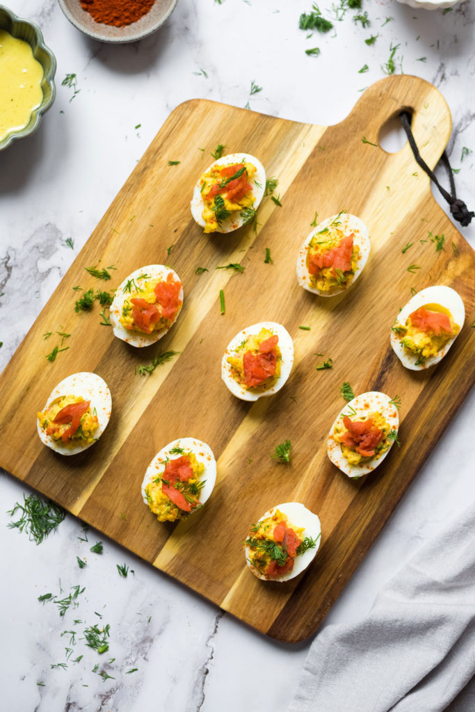Devilled eggs on a board