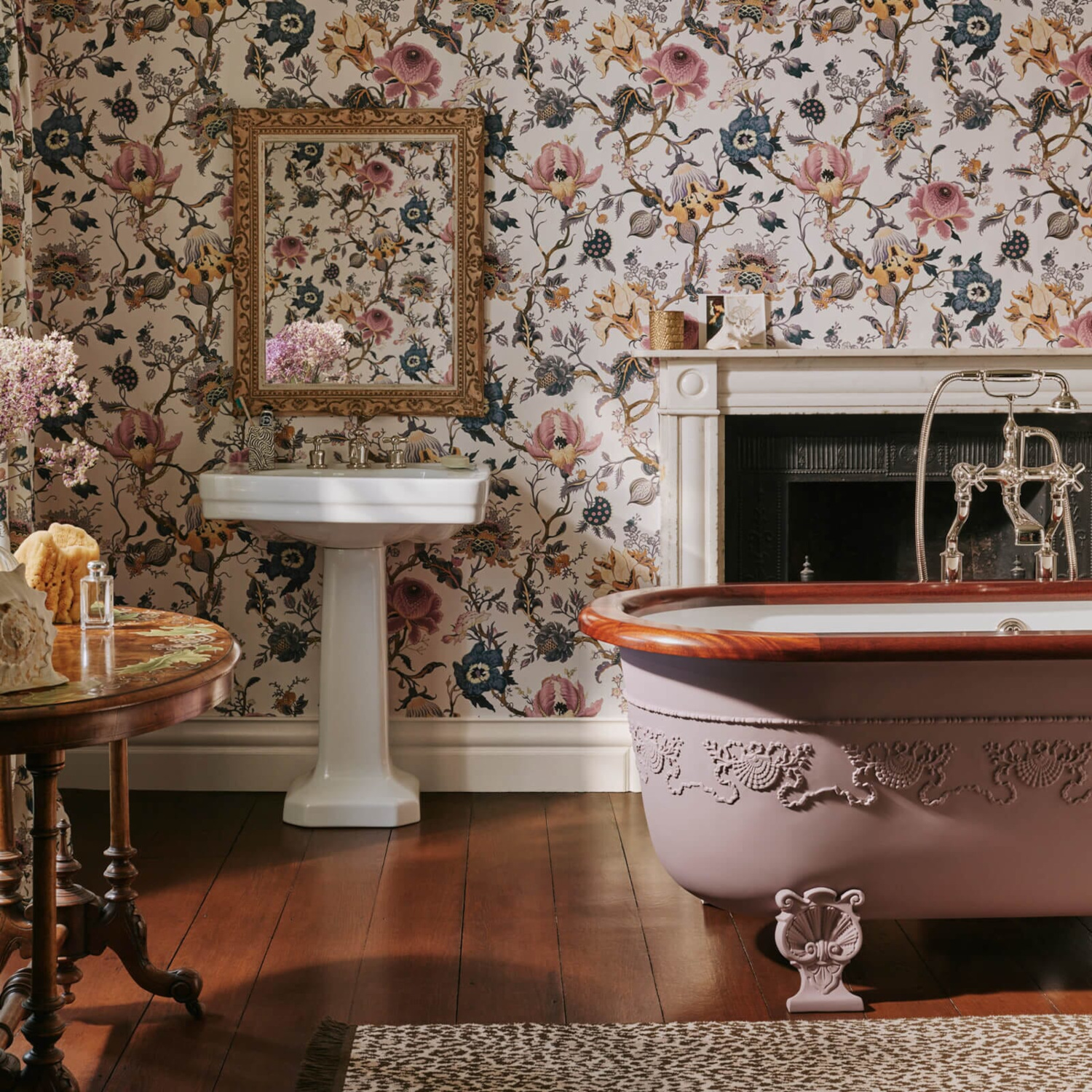 Bathroom with floral wallpaper