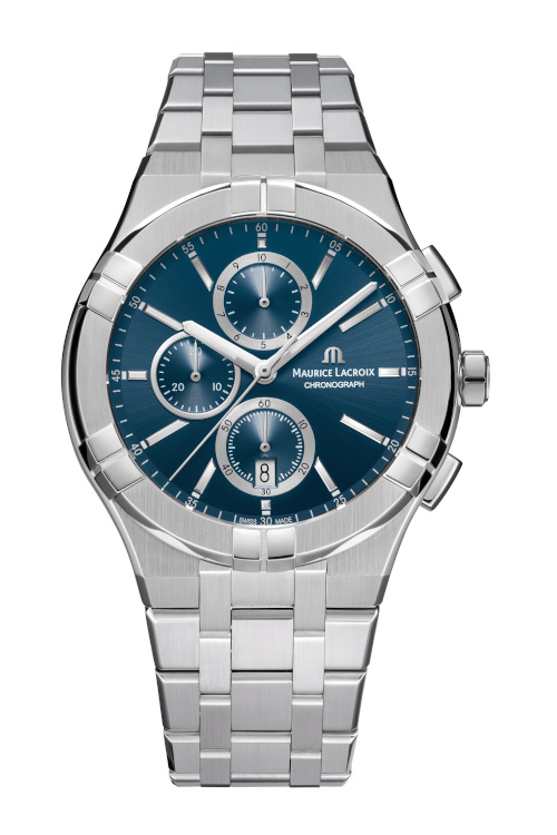 Silver watch with blue face