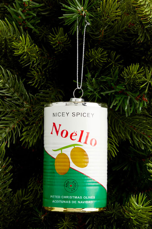 Can of olives as Christmas bauble