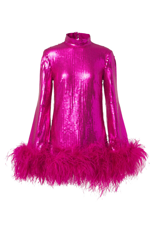 Pink sequin mini with feather trim